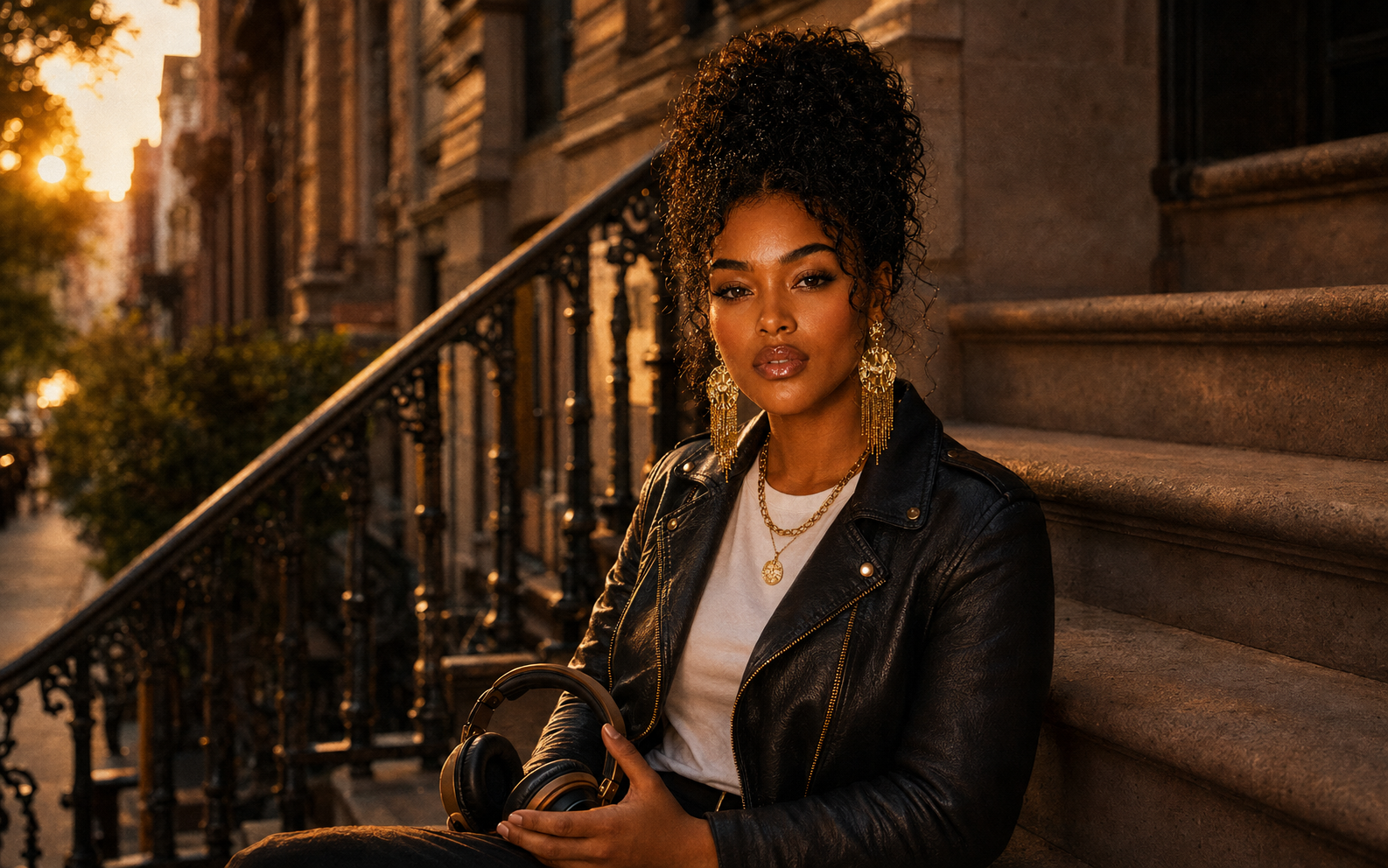 Lioria Reyah seated on a brownstone stoop holding headphones